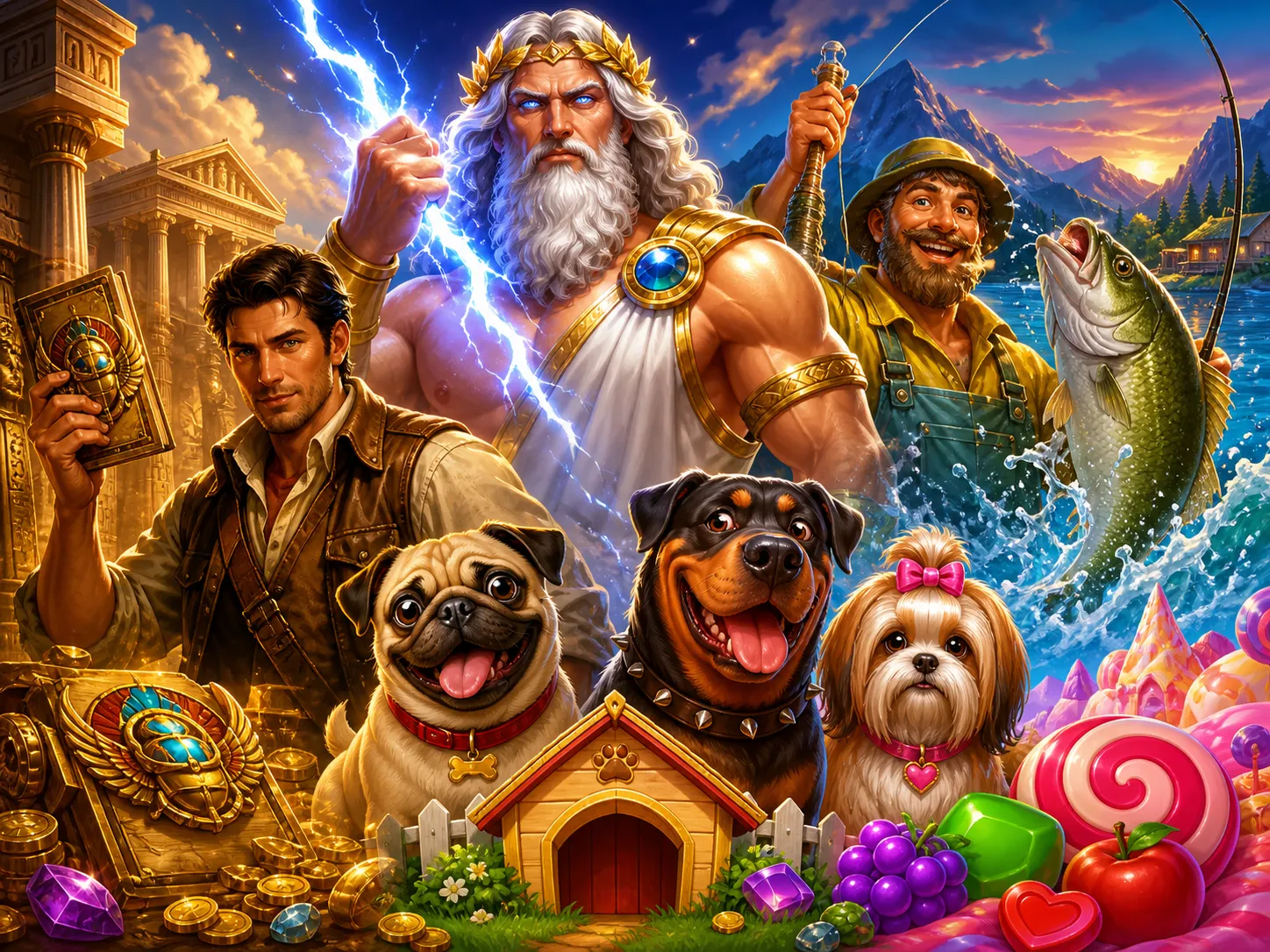 Colorful Sweet Bonanza slot artwork with candy and fruit in a fantasy landscape.